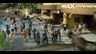 people with guns on busy street — Jurassic World