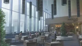 hotel lobby 3D rendering with city skyline — Weathering with You