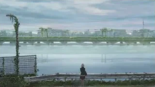 Person on bridge overlooking water and city skyline — Weathering with You