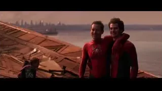 two Spiderman men on city rooftop — Spiderman: No Way Home