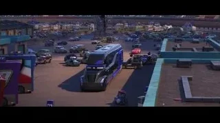 large parking lot with futuristic bus and cars — Cars 3