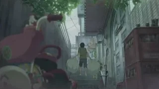 person walking up stairs in alleyway — Weathering with You