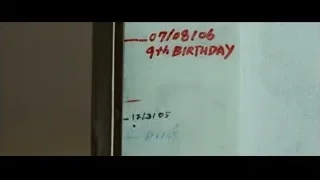 Whiteboard displaying "Daddy died" and "9th Birthday" — The Karate Kid