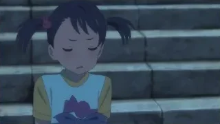 young girl with pigtails on stairs looking sad — Your Name