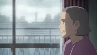 Young man in purple shirt by window with city skyline — Weathering with You