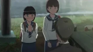 Two girls in school uniforms conversing in park — Weathering with You