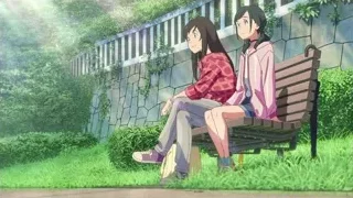 two women sitting on a park bench — Weathering with You