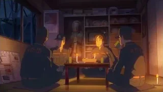 Four men in uniforms conversing in dimly lit room — Your Name