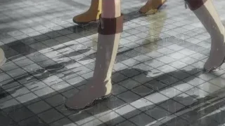 two people walking on wet tiled floor — Weathering with You