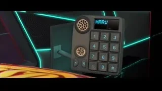 futuristic keypad displaying HARV with neon lights — Cars