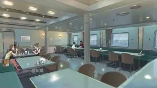 people eating in modern train car — Weathering with You
