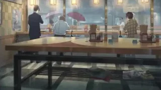Three people in Japanese restaurant with rainy window — Weathering with You