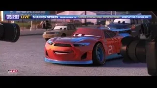 Race cars on track with pre-race coverage — Cars 3