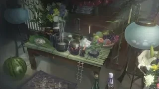 table set with fruit and flowers — Weathering with You