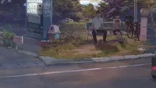 People sitting on bench by vending machine — Your Name