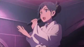 girl in white robe singing with microphone — Weathering with You