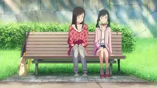 two girls sitting on a park bench — Weathering with You