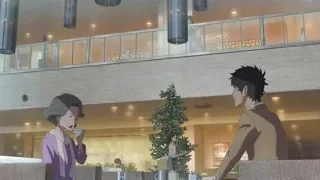 anime man and woman at restaurant table — Weathering with You
