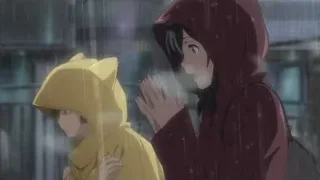 children in cat ear raincoats in rain — Weathering with You