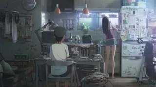 boy in baseball cap in messy kitchen — Weathering with You
