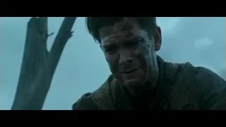 Injured man with tense expression in fog — Hacksaw Ridge