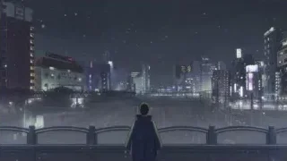 person on bridge viewing city at night — Weathering with You