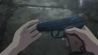 Hands holding a handgun in a forest — Weathering with You