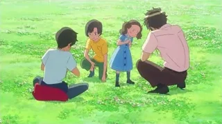 four children sitting in grassy field — Weathering with You
