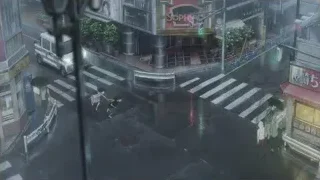aerial view of wet city street at night — Weathering with You