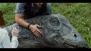 man petting rhinoceros head in field — Jurassic World