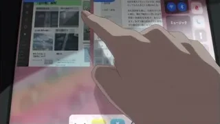 hand interacting with Japanese tablet screen — Weathering with You