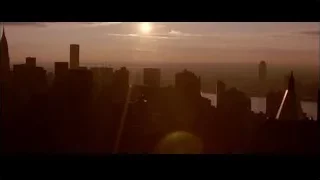 City skyline at sunset with silhouetted buildings — Spider Man 2