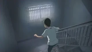 young person walking up dark stairs — Weathering with You