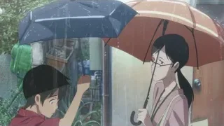 Three young people holding umbrellas in rain — Weathering with You