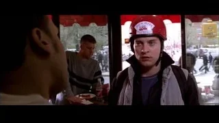 man in Pizza Hut helmet talking in cafe — Spider Man 2