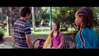 three children with violin on park bench — The Karate Kid