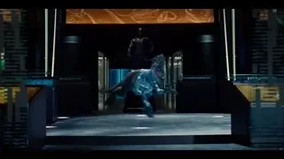 black dog walking on stage — Jurassic World