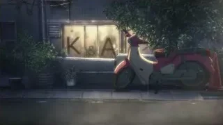 Pink scooter parked on wet street at night — Weathering with You