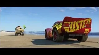 Two cars on sandy beach with pier — Cars 3