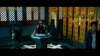 boy and man in Chinese temple with fountain — The Karate Kid