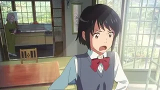 animated girl with red bow tie — Your Name