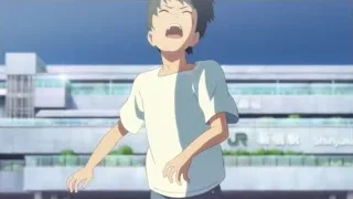 young boy shouting at train station — Weathering with You