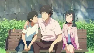 three young people sitting on park bench — Weathering with You