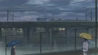 two people with umbrellas on rainy bridge — Weathering with You