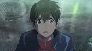 surprised boy with green hair in rain — Weathering with You