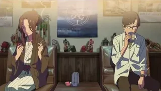 man and woman in kimonos at a desk — Your Name