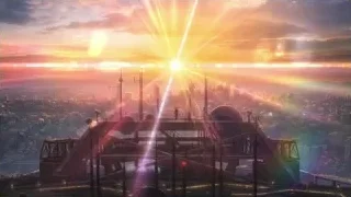 city skyline at sunset with large structure — Weathering with You