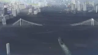 Aerial view of city with bridge and skyscrapers — Weathering with You