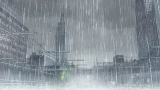 rainy cityscape with tall buildings — Weathering with You