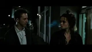 two people in dimly lit hallway — Fight Club